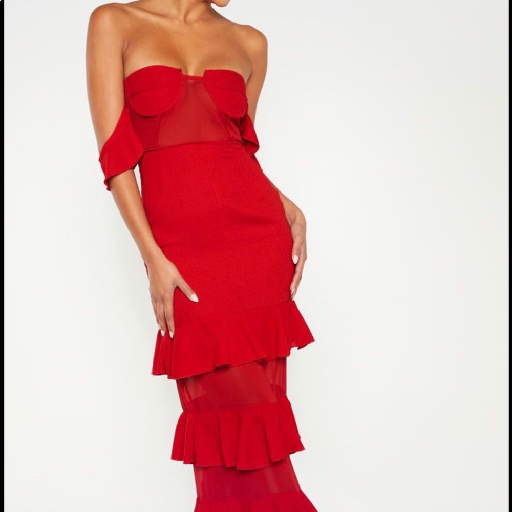 Red Structured Bodice Ruffle Detail Maxi Dress